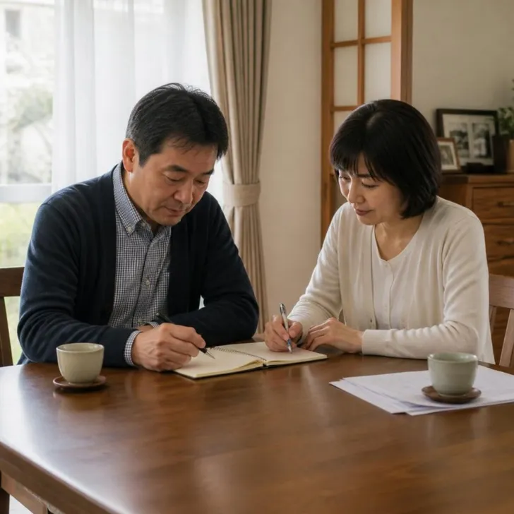 自宅のダイニングで、兄妹がノートに書き出しながら話す場面(イメージ)
