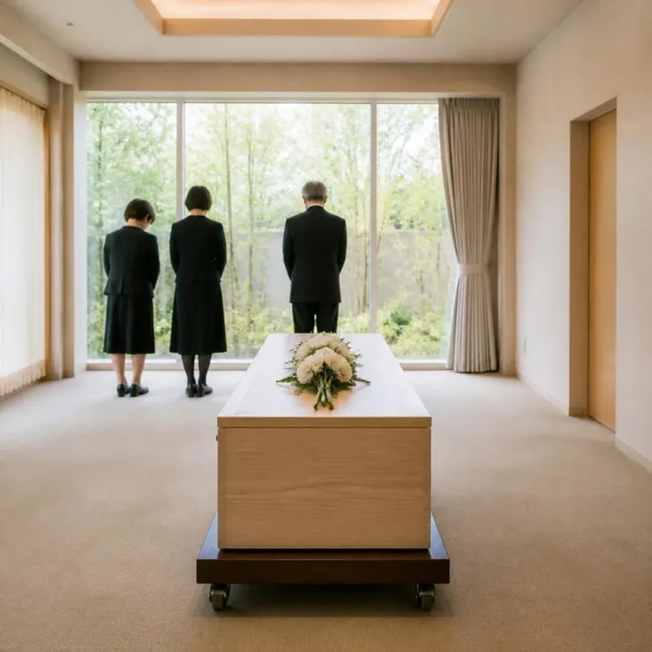 火葬場の静かな告別ロビーに置かれた白木の棺(イメージ)