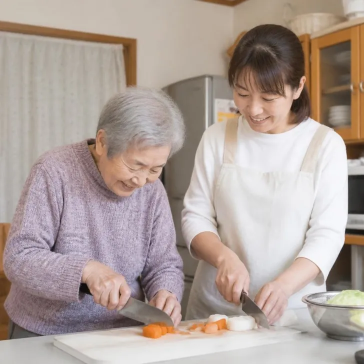 グループホームの台所で、入居者と職員が一緒に料理をする場面(イメージ)