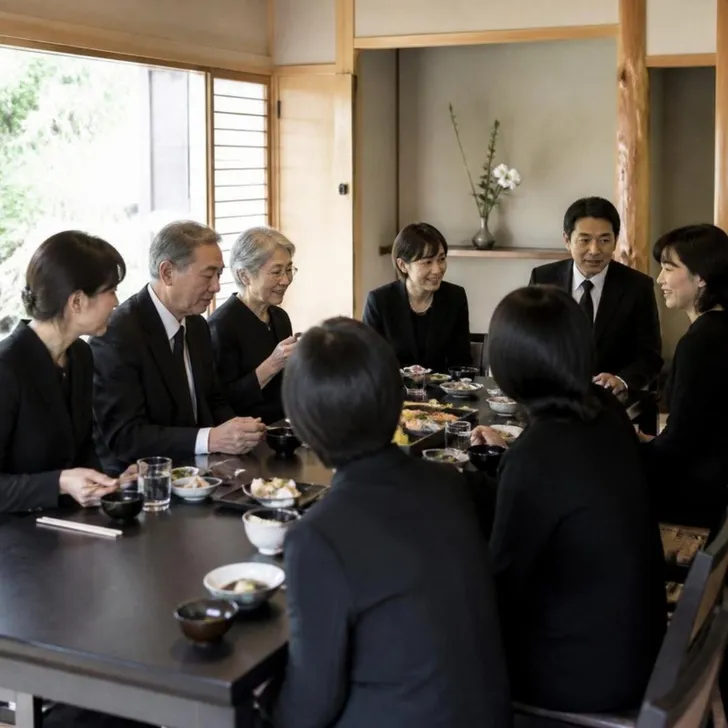 家族葬のあとの会食で、親族が穏やかに食事をする場面(イメージ)