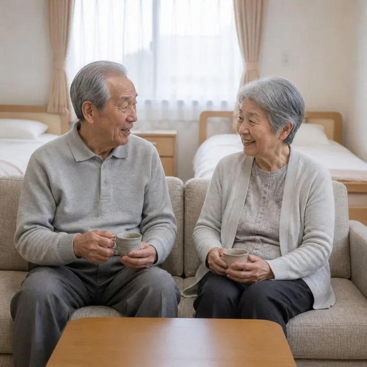 二人部屋で、80代の夫婦がソファに並んでお茶を飲む場面(イメージ)